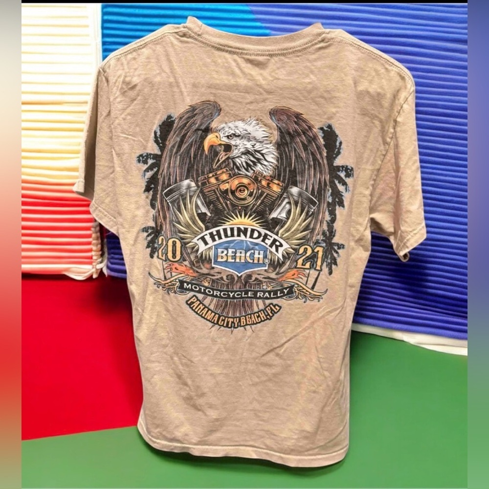 Motorcycle rally Thunder Beach Tan Graphic Tee MEDIUM